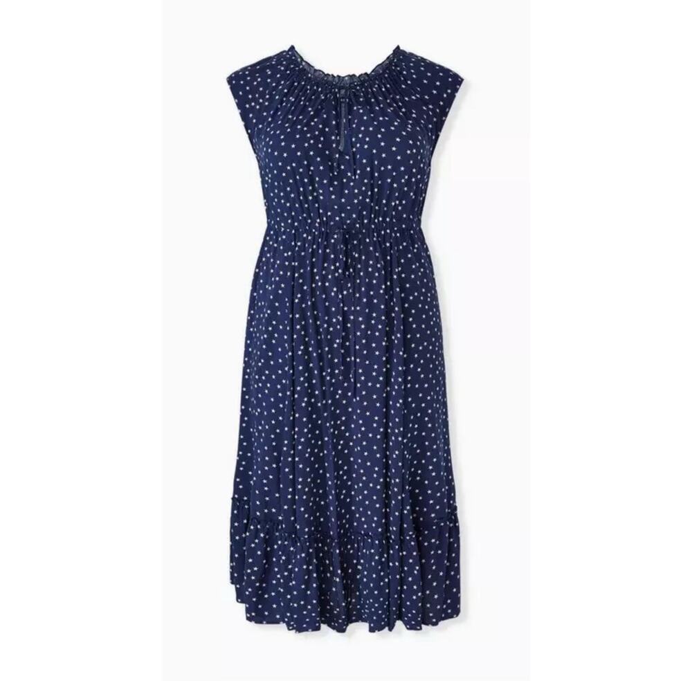 NWT TORRID Star Print Dress Navy MIDI Short Sleeve Ruffle Hem
